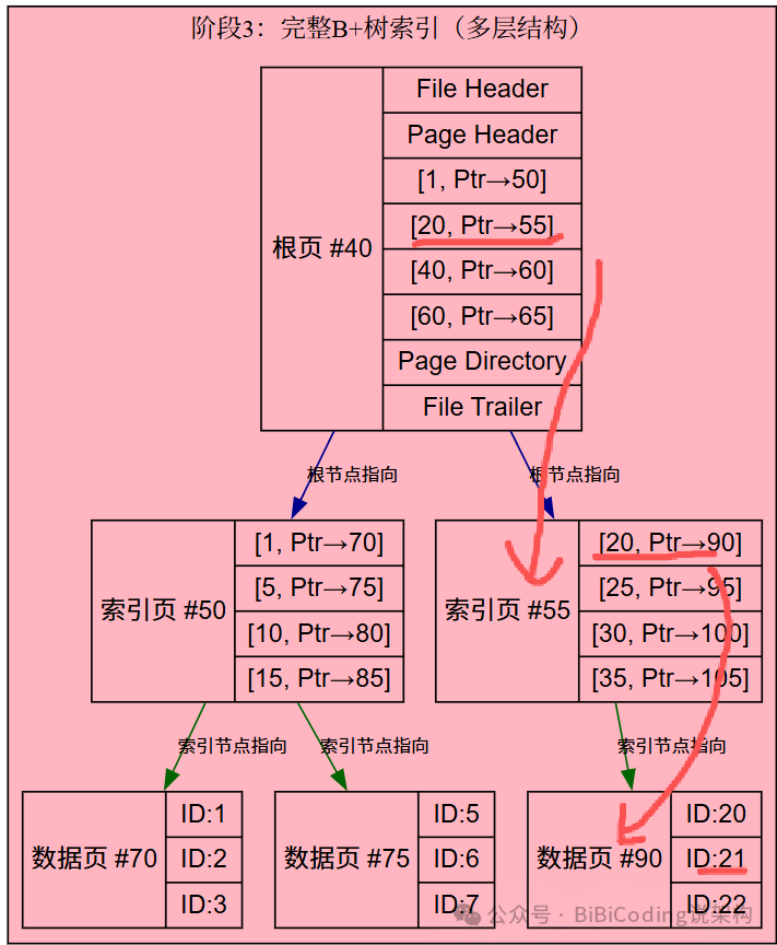 完整的多层B+树索引结构示意图，包含根页、索引页和数据页