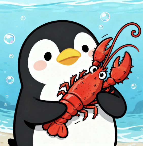 卡通企鹅抱着龙虾的趣味配图