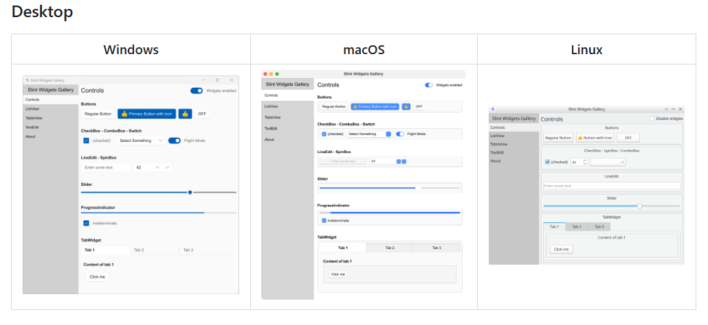 Slint在Windows、macOS、Linux下的运行效果