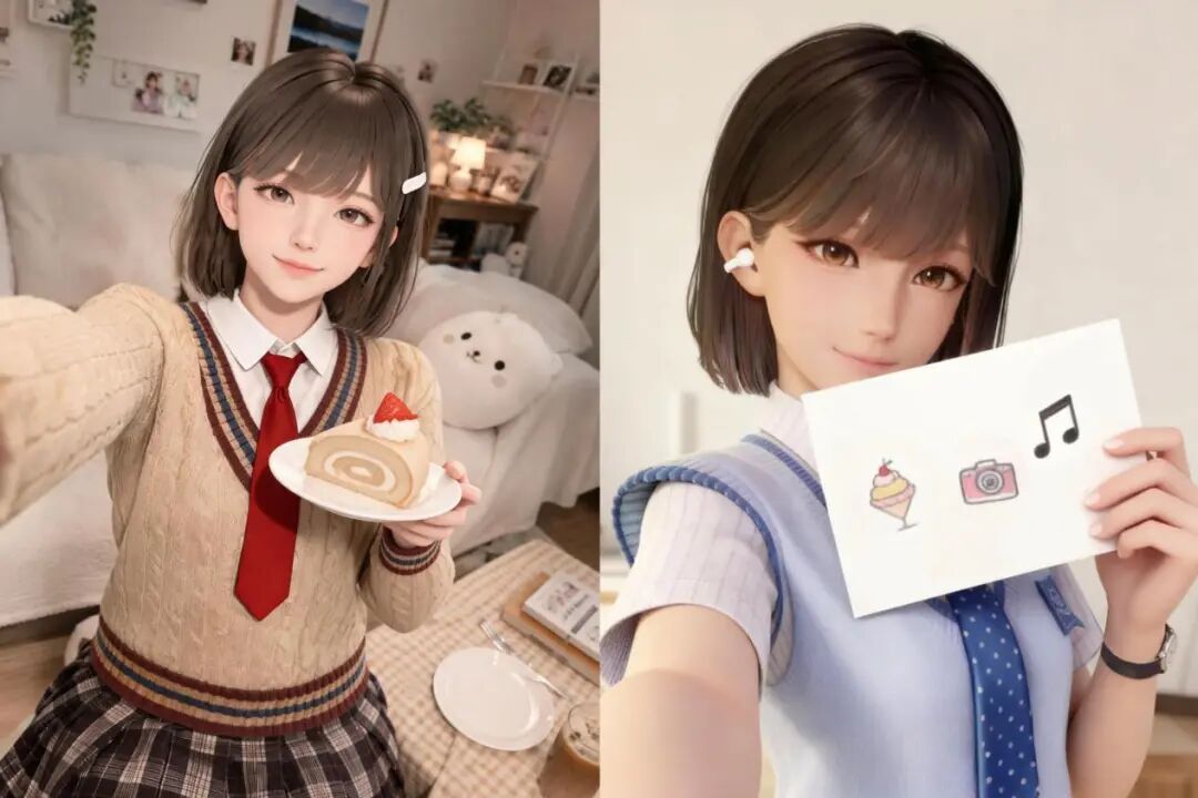 Ria角色日常自拍风格拼接图,左侧拿草莓蛋糕,右侧举画纸遮脸