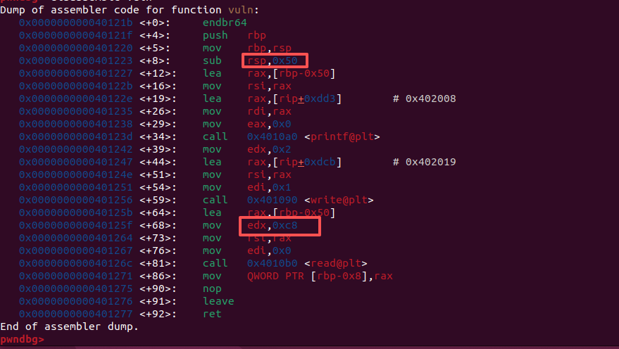pwndbg 反汇编 vuln 函数:确认栈溢出漏洞