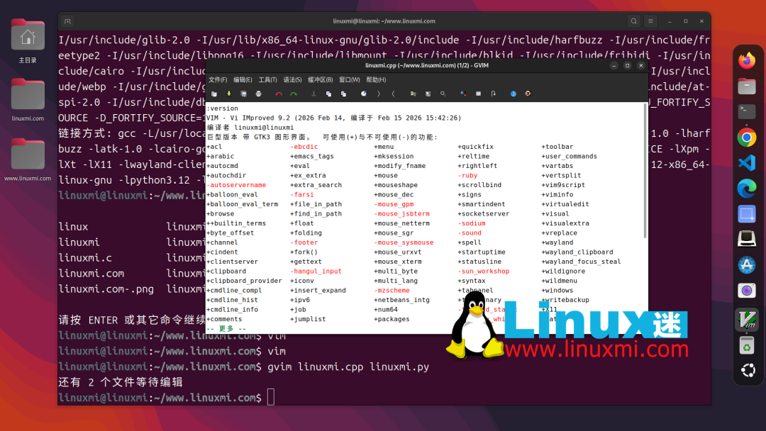 终端中运行 gvim,编辑 C++ 和 Python 文件