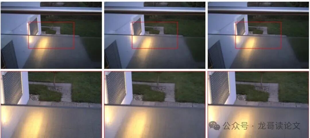 验证集上的定性对比，包含含噪输入、轻量级学生模型重建结果和真实干净图像的放大裁切