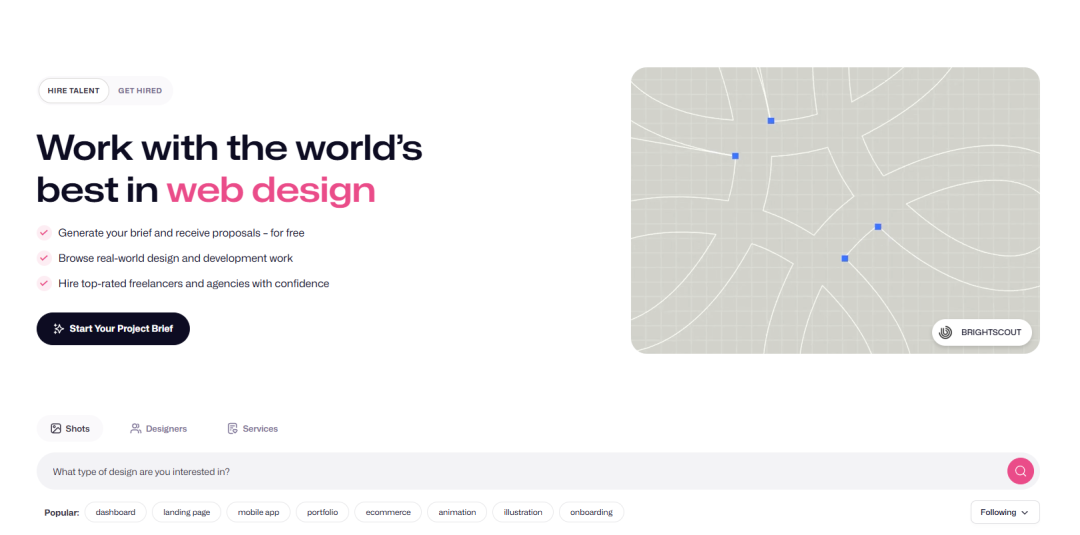 Dribbble网站首页截图：展示设计师招聘入口与网页设计作品分类
