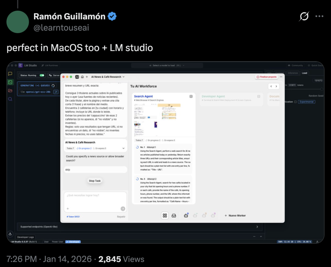 用户在MacOS上使用LM Studio运行Eigent的界面截图