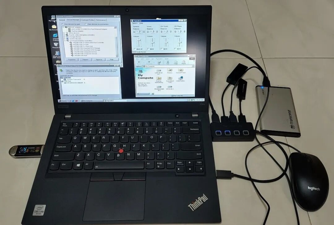 Windows 98 SE 测试环境:联想 ThinkPad 外接 USB 集线器与移动硬盘