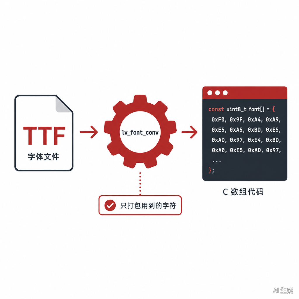 LVGL 字体转换流程:TTF 字体文件经 lv_font_conv 工具生成 C 数组代码