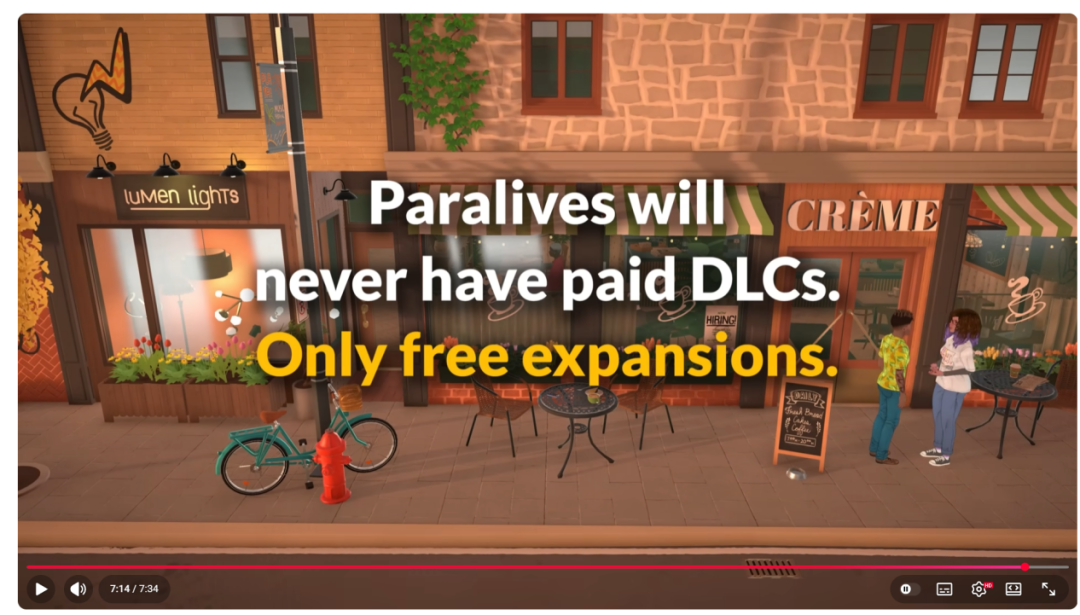 卡通街景插画,中央标语强调Paralives将永不推出付费DLC,仅提供免费扩展