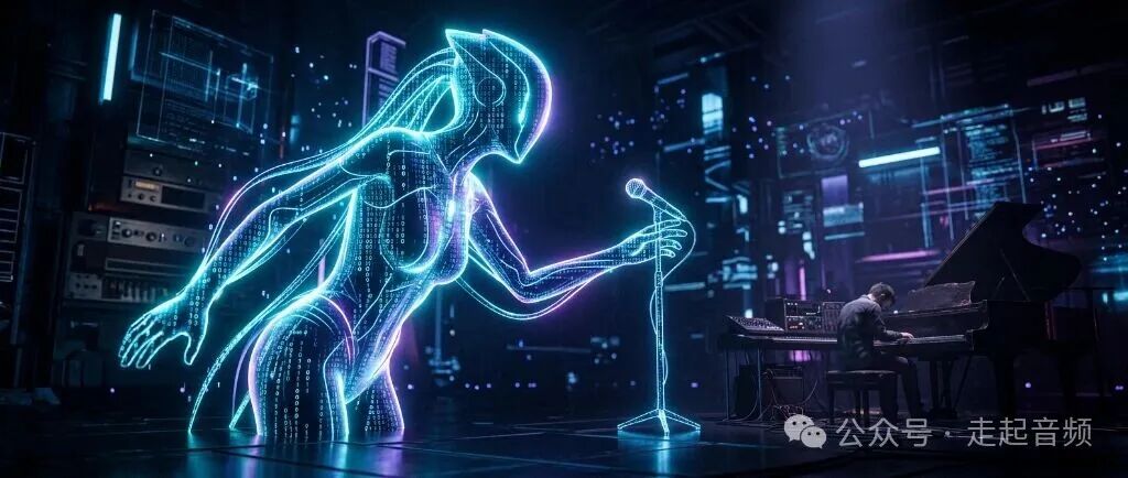 赛博朋克风格的AI虚拟歌手与人类乐手对比图