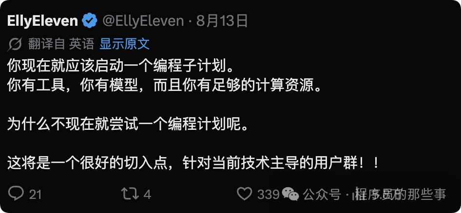 开发者 EllyEleven 呼吁尝试编程子计划的推文截图