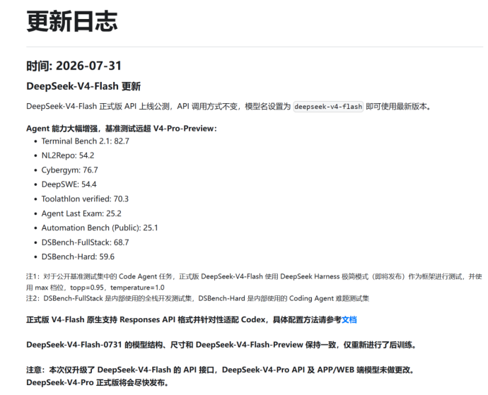DeepSeek V4 Flash 正式版更新日志截图