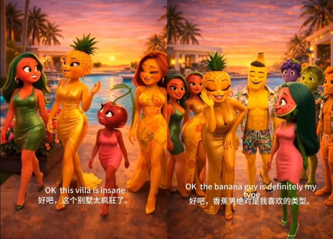 拟人化水果角色在别墅泳池边的动画场景