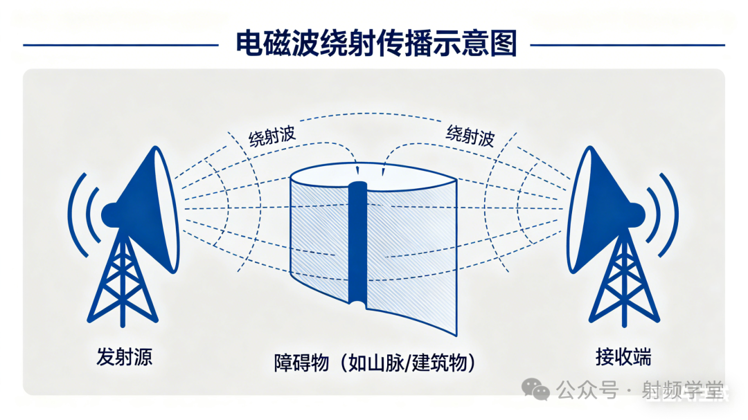 电磁波绕射传播示意图，展示发射源、障碍物、接收端及绕射波路径