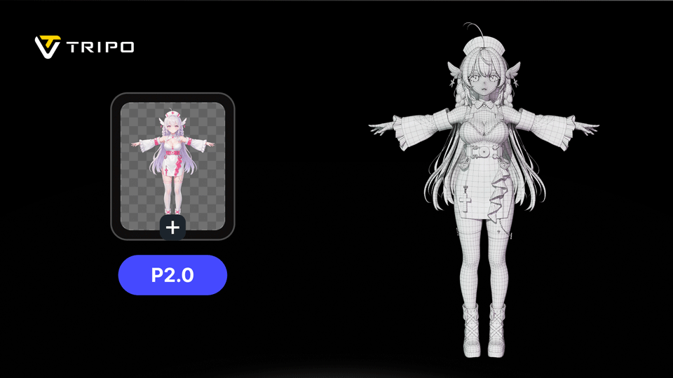 TRIPO P2.0生成动漫风格护士角色3D线框模型，展示完整人体结构与服装细节