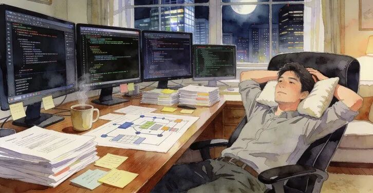 程序员深夜加班后放松的插画