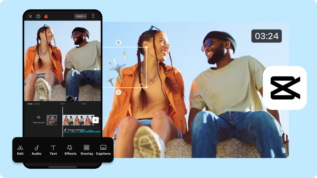 视频编辑应用界面宣传图，展示编辑两人微笑视频的界面及特效添加功能