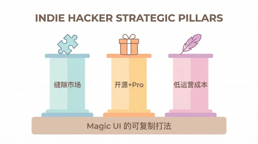 阐释独立开发者三大战略支柱的示意图：缝隙市场、开源+Pro、低运营成本