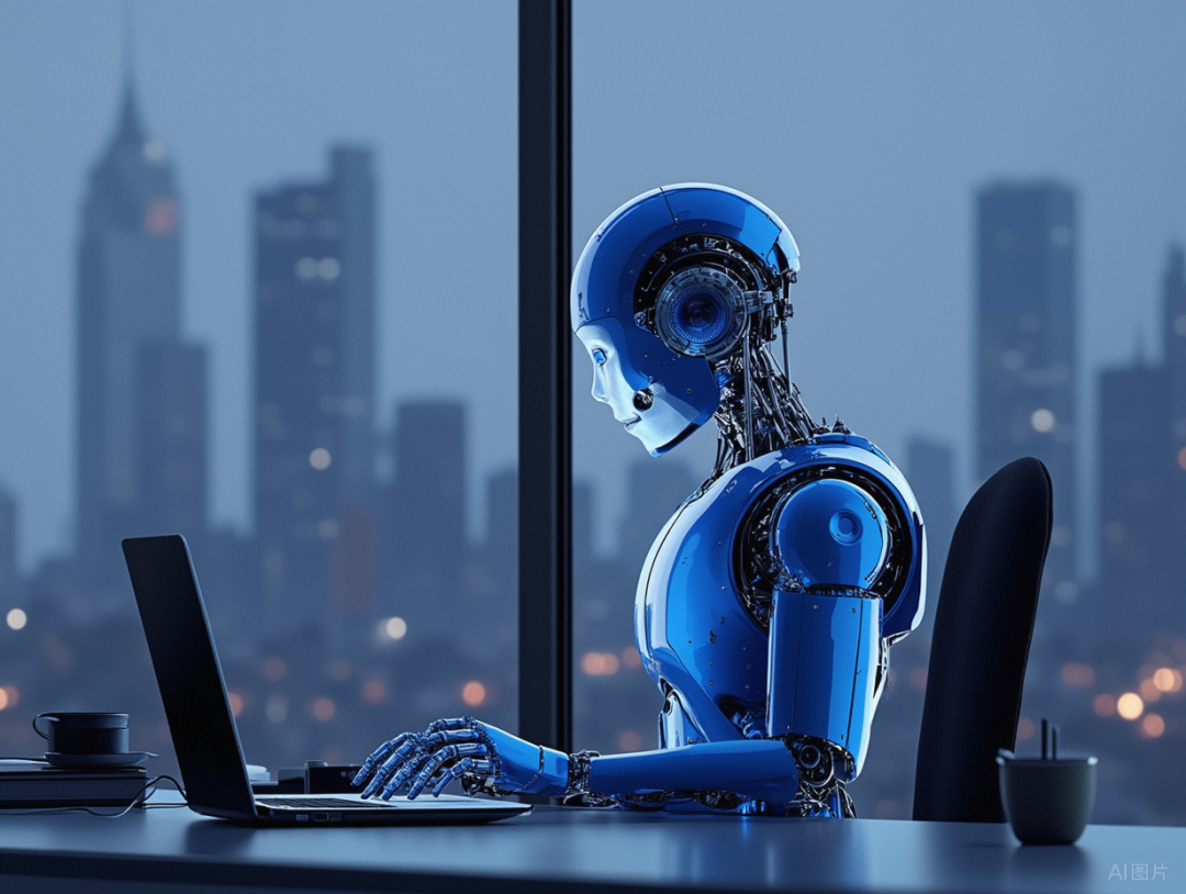 蓝色机器人办公的AI生成图片