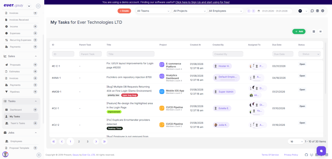Ever Gauzy 个人任务管理界面
