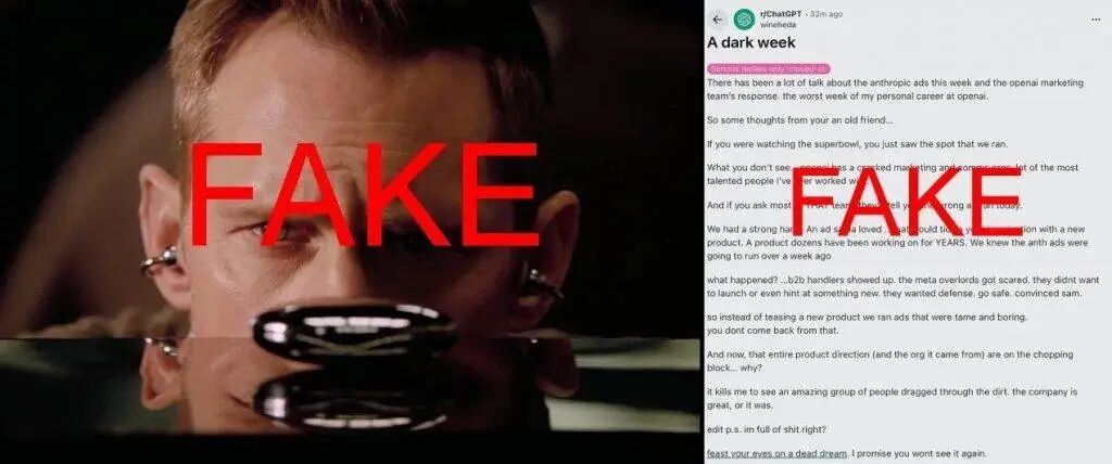 已被删除的Reddit原帖截图,内容被红色‘FAKE’字样覆盖