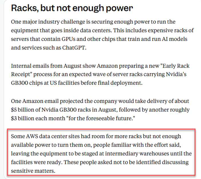 亚马逊内部邮件截图:Racks, but not enough power