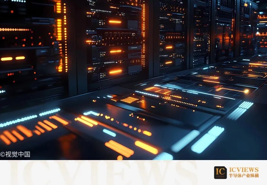 科幻风格的高科技数据中心内部，布满发光指示灯的服务器机柜