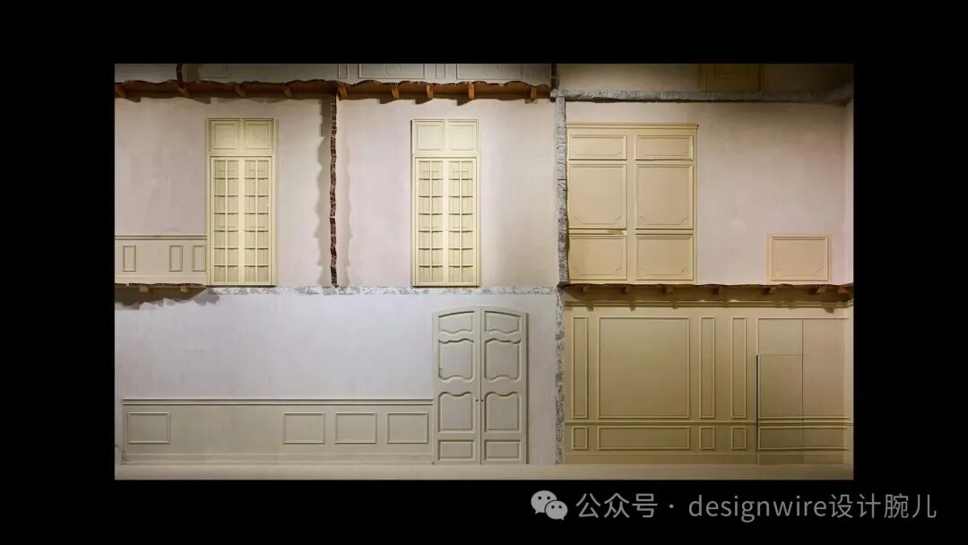 一张展示多种欧式古典风格门窗与墙板设计的拼贴图，画面分为上下两排、左右四块区域。上排从左至右：左侧为带窗格的高窄窗，下方配矮窗台及壁板；中间为另一款高窗，窗格呈网格状，两侧有仿砖石结构分隔；右侧为双门对称组合门，上方有小窗，下方为大面板门，底部有装饰性腰线。下排从左至右：左侧为低矮长条形墙板，含三块矩形浮雕面板；中间为一对对开式拱顶门，门扇有弧形顶部与凹凸浮雕；右侧为大型镶板墙，含竖向分隔与多层嵌套线条，右下角有部分缺失或未完成的面板。整体色调为米白/奶油色，墙面有做旧质感，顶部可见仿木横梁与灰缝细节。右下角有水印文字。