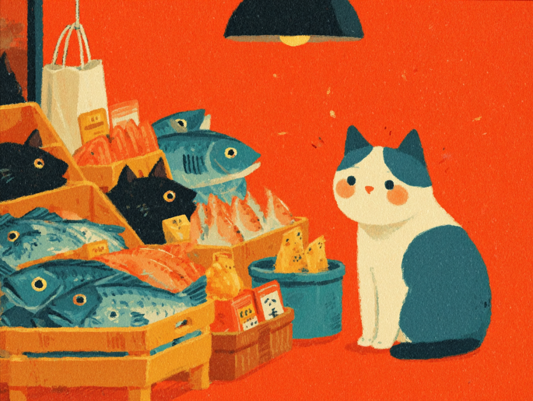 一只坐在鱼市摊位旁的好奇小猫，面前摆满商品，画面温馨
