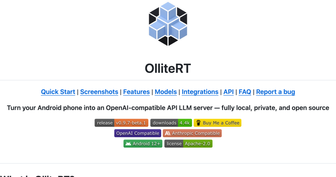 OlliteRT 项目主页头部,宣传语为将安卓手机变成 OpenAI 兼容 API LLM 服务器