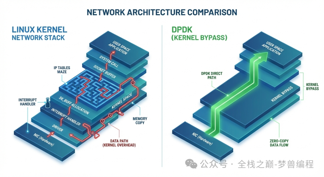 Linux内核网络栈与DPDK架构对比图