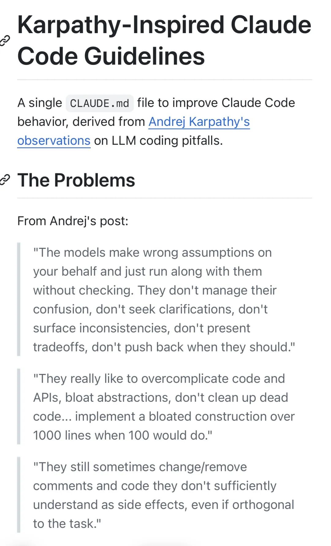 Karpathy-Inspired Claude Code Guidelines文档内容截图