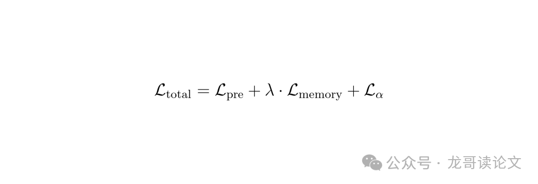 公式:L_total = L_pre + λ · L_memory + L_α