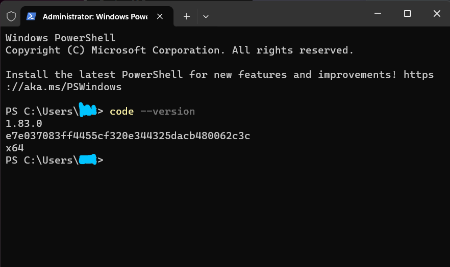 PowerShell 中执行 code --version 显示 VS Code 版本信息