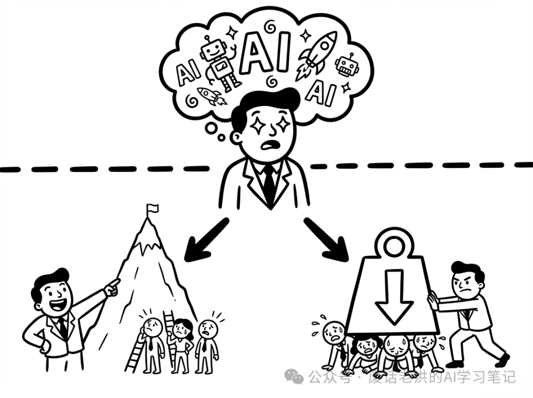 老板对AI期望过高导致团队压力过大的讽刺插画