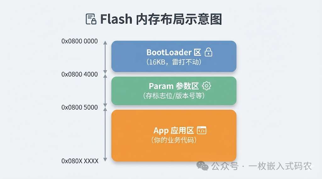 STM32 Flash内存分区布局图:BootLoader区、参数区和App应用区