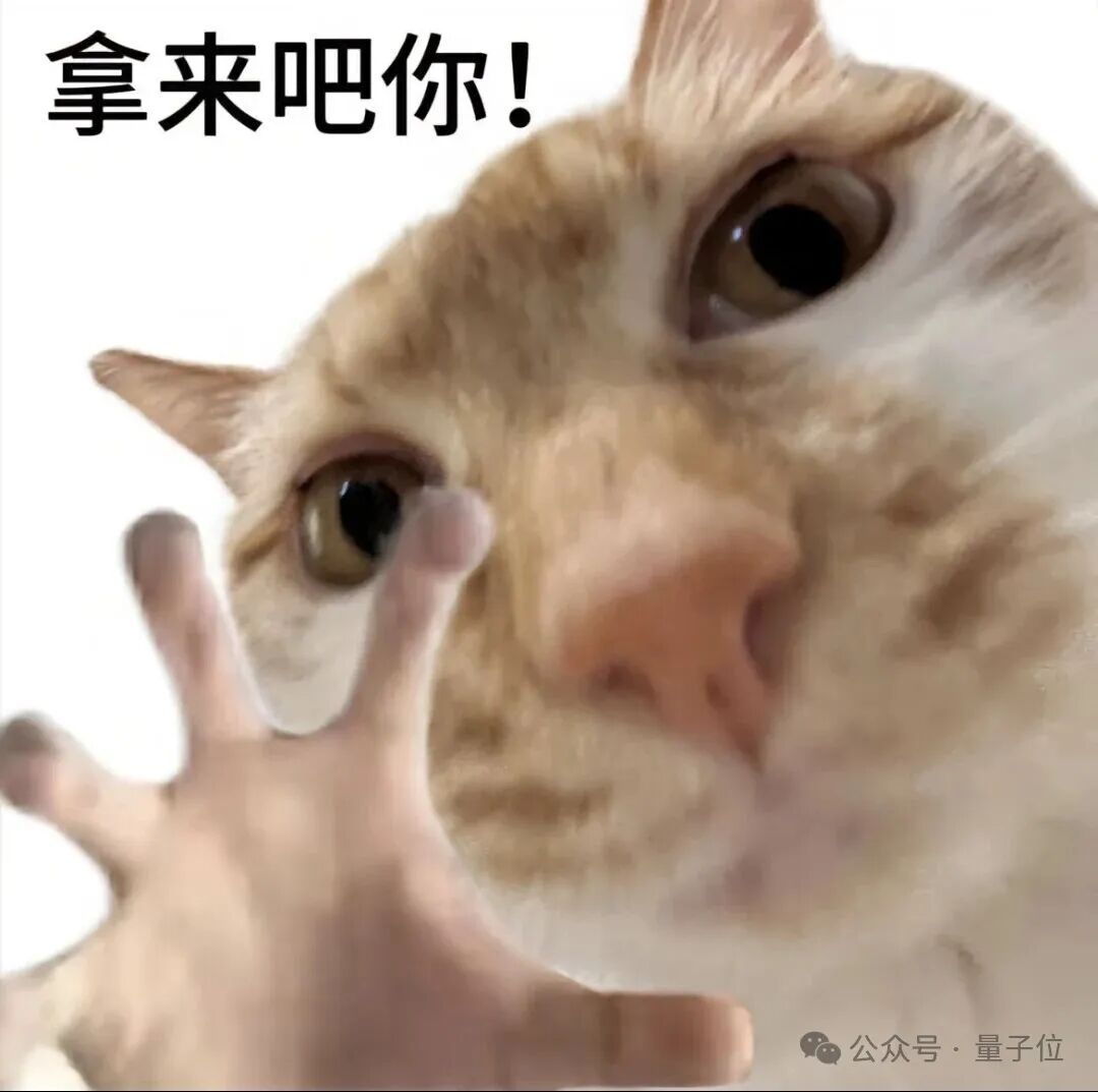 一只表情夸张的橘猫对着镜头,配文“拿来吧你!”