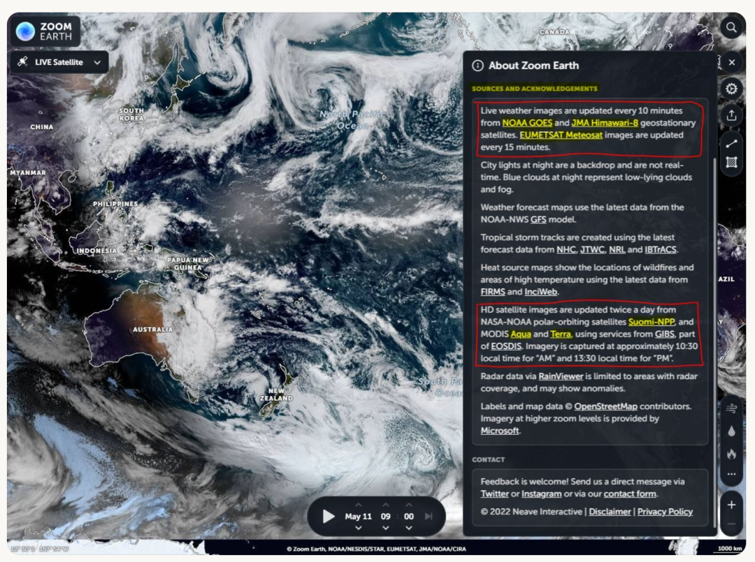 Zoom Earth实时天气卫星图界面,显示北太平洋云层及数据来源说明