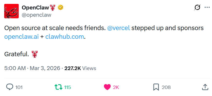 OpenClaw官方感谢Vercel的推文截图