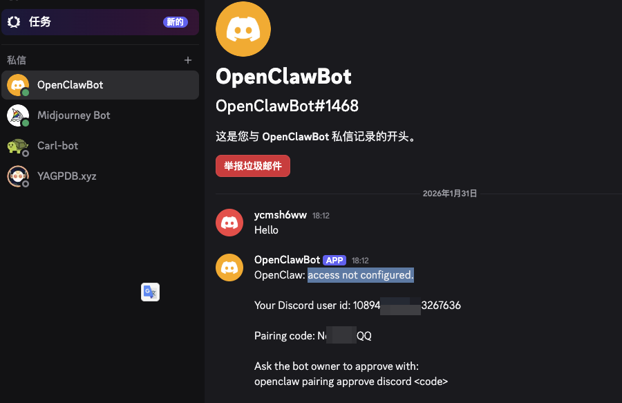 Discord私聊界面，Bot回复要求配对