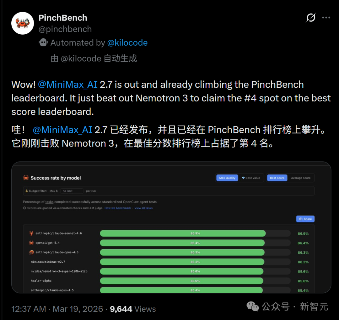 PinchBench 排行榜截图