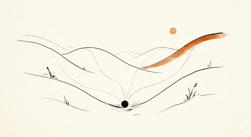 水墨山丘与谷底的黑球:形象展示吸引子地形概念