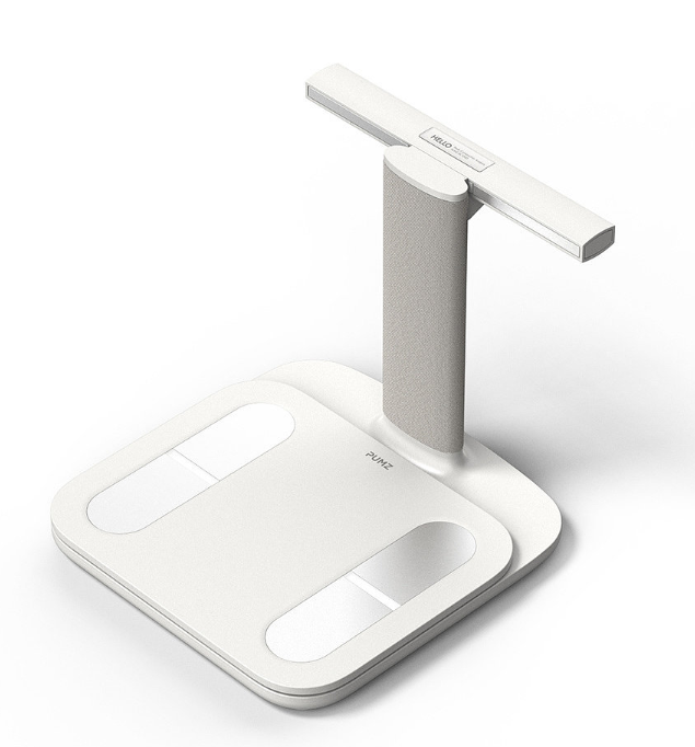 白色现代风格智能体重秤，采用T字形结构与金属踏板设计