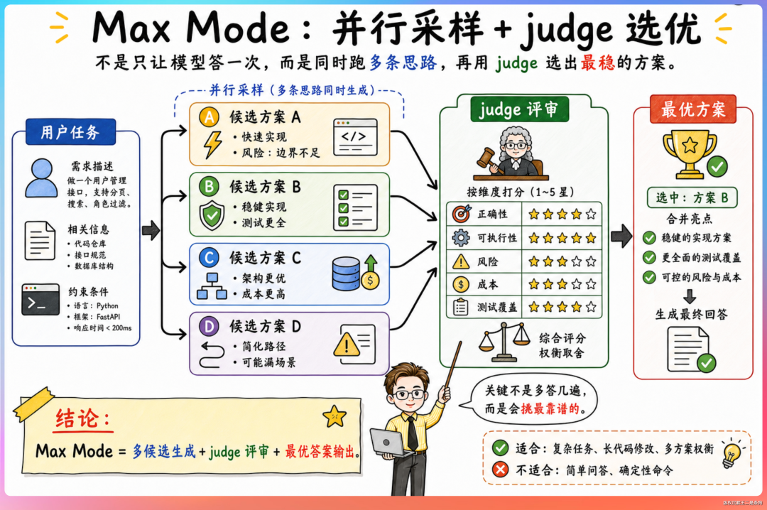 Max Mode 并行采样与 judge 评审选出最优方案的流程图