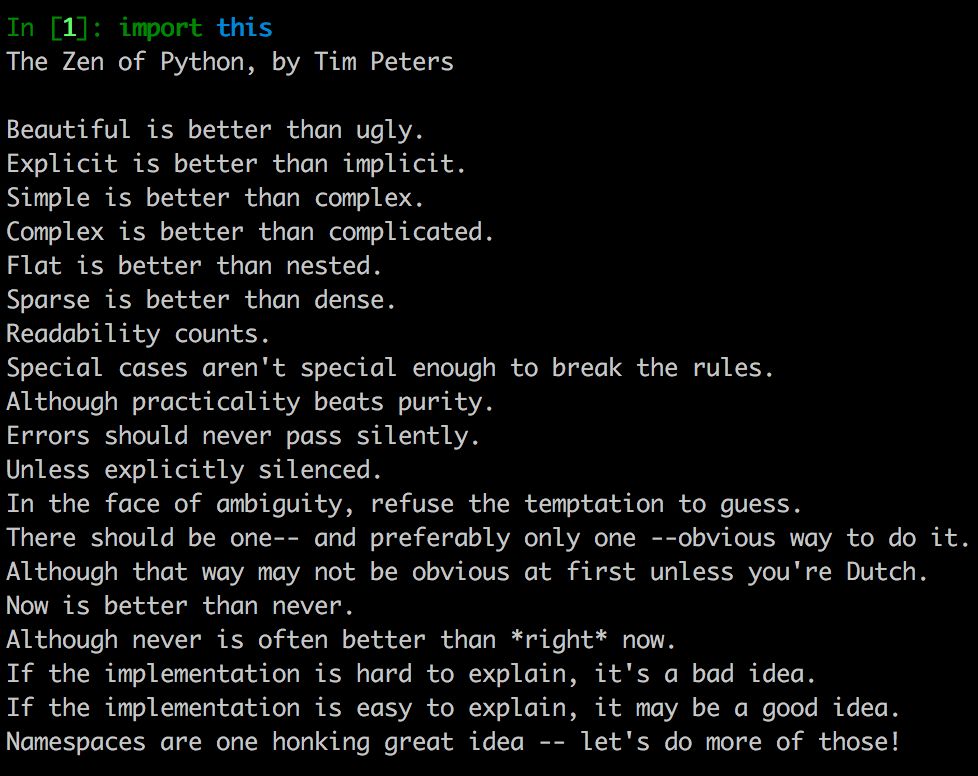 Python之禅黑色背景终端风格截图，展示import this后的全部准则