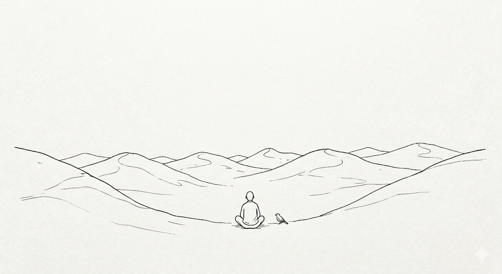 一个人在沙丘中冥想的宁静插画