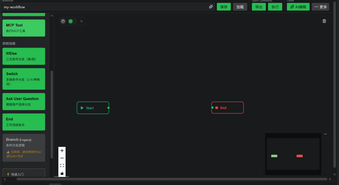 工作流设计界面，展示节点类型与画布
