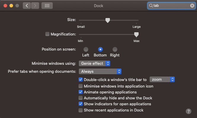 macOS Dock 设置中 Prefer tabs 选项设为 Always