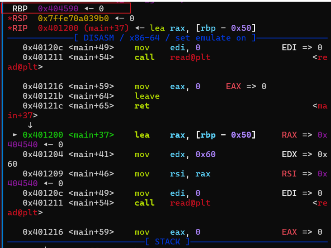 rbp 覆盖为 bss+0x50 后，read 将 ROP 链写入 bss 段