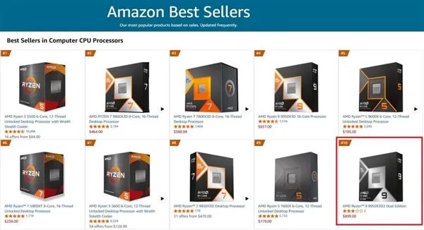 Amazon CPU处理器畅销榜截图 显示AMD包揽前十