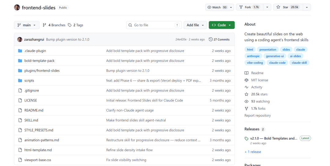 GitHub仓库frontend-slides文件列表页面截图，展示项目目录结构及20.5k stars、93 watching、1.7k forks等社区数据